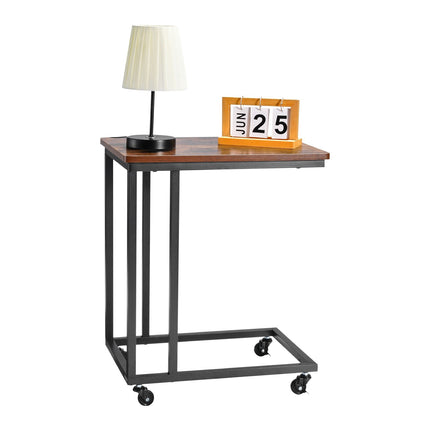 C-Shaped Sofa Side Table with Casters, Brown-Black