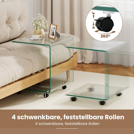 C-Shaped Tempered Glass Side Table with Wheels