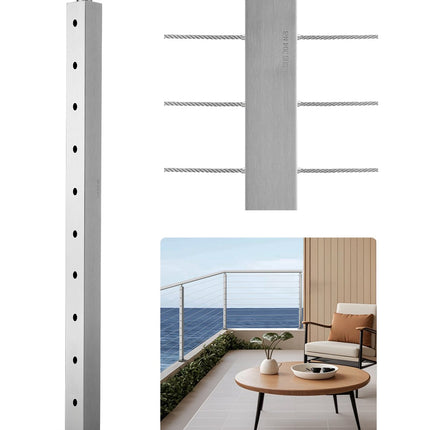 Cable Railing Post, 36x2x2 in SUS304, 10 Holes, Silver