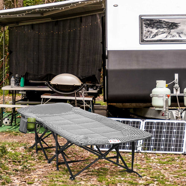Camping bed with bag & cup holder, black, 120 kg capacity