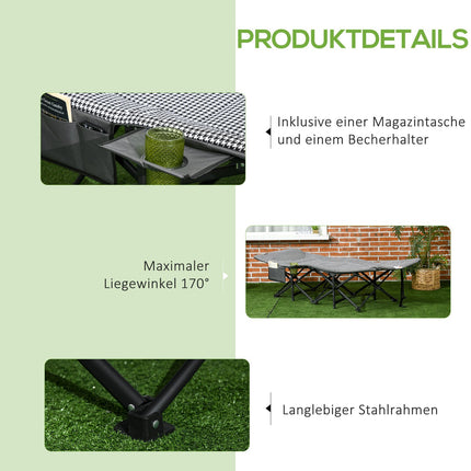 Camping bed with bag & cup holder, black, 120 kg capacity