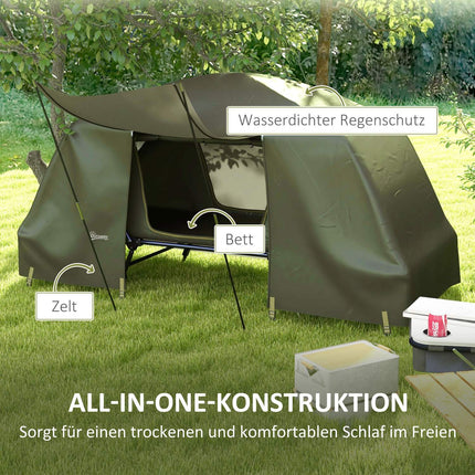 Raised camp bed with tent - UV protection and rain protection