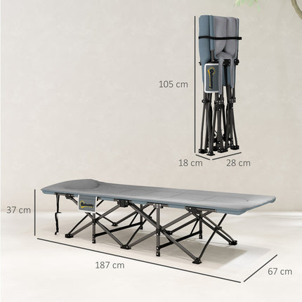 Folding camping bed with mattress, pillow & pocket - Grey