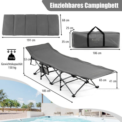 Camp bed folding camping bed with mattress 185 cm x 65 cm x 41-53 cm gray