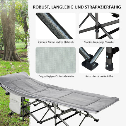 Folding camping bed - light grey, with pillow and mattress