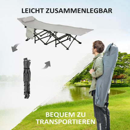 Folding camping bed - light grey, with pillow and mattress
