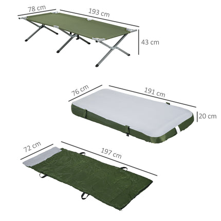 Camping bed with pillow, foldable, 120 kg capacity, green