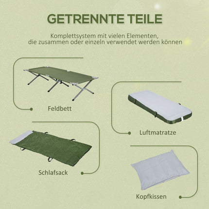 Camping bed with pillow, foldable, 120 kg capacity, green