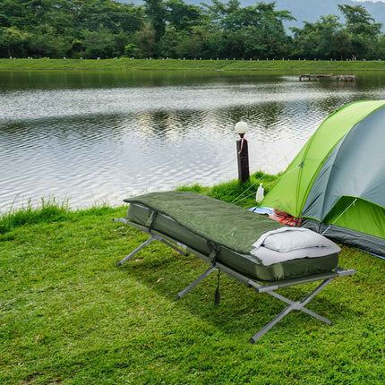 Camping bed with pillow, foldable, 120 kg capacity, green