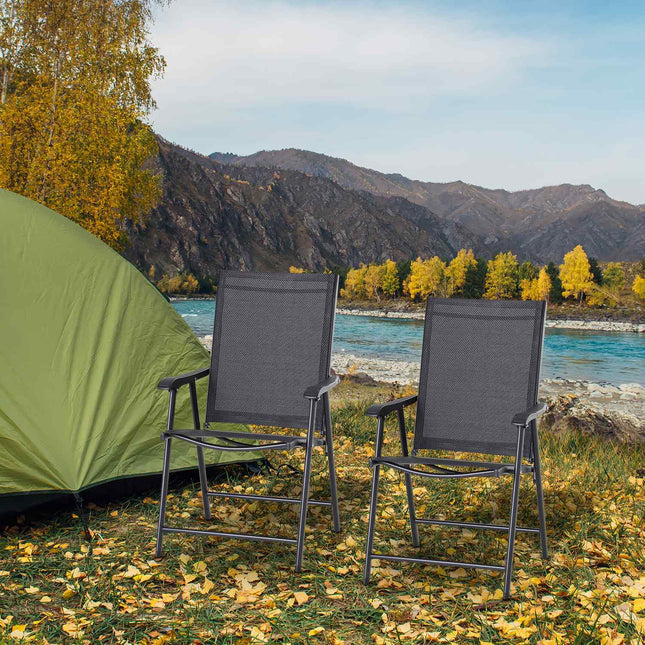 Folding camping chairs Set of 2 with armrests, black metal