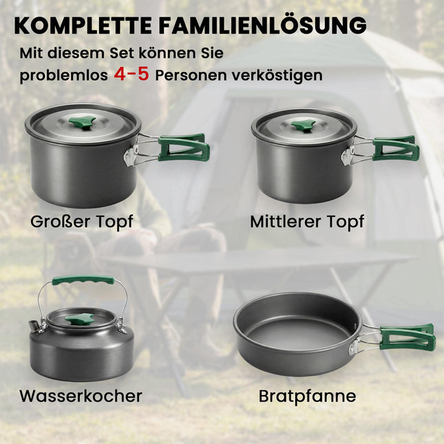 Camping kookgerei set, 5-delig, met hittebestendige handgrepen, grijs