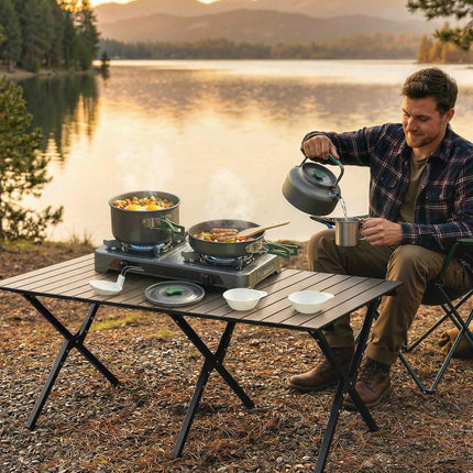Camping Cookware Set, 5-Piece, Anti-Scald Handles, Grey