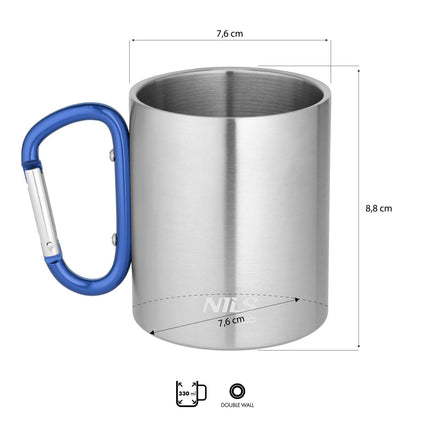 Camping Cup, Carabiner, 300ml Stainless Steel, Blue