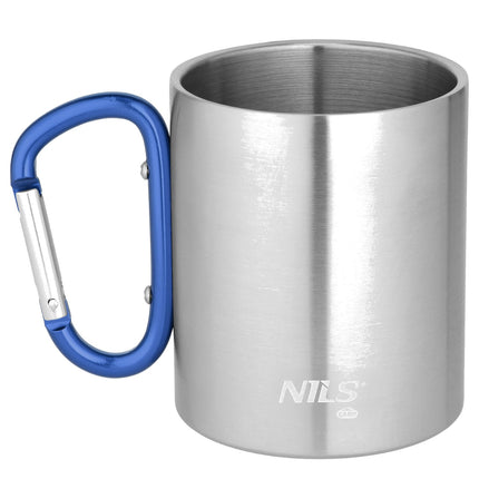 Camping Cup, Carabiner, 300ml Stainless Steel, Blue