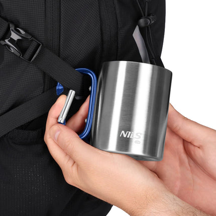 Camping Cup, Carabiner, 300ml Stainless Steel, Blue