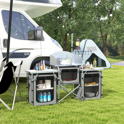 Folding camping kitchen with 3 cupboards & worktops, grey