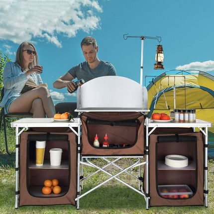 Camping Kitchen Table – Folding, 3 Cupboards, Windscreen