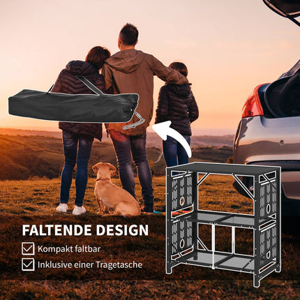 Folding camping table, metal - 2 shelves, 4 side tables