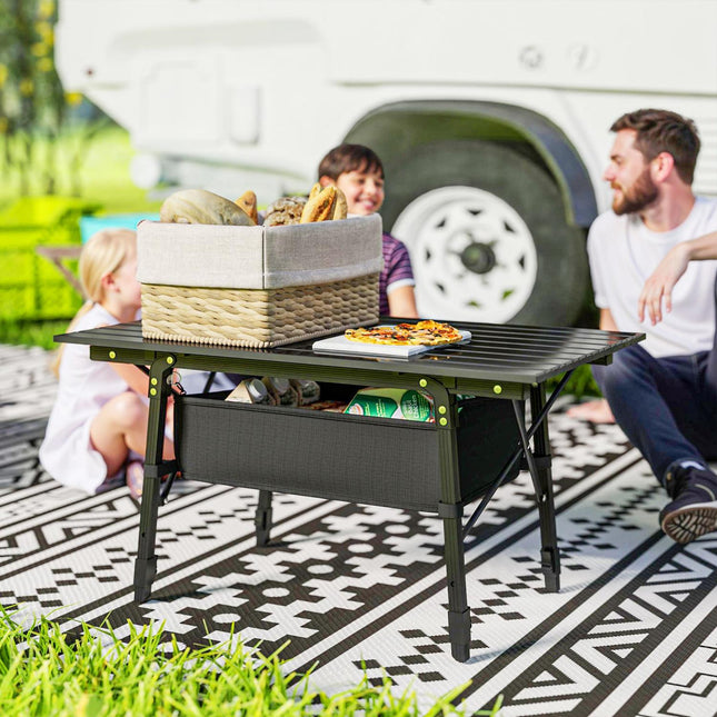 Campingtafel, opvouwbare picknicktafel met opbergmand, draagtas, in hoogte verstelbare klaptafel, voor tuinfeesten, kamperen, barbecue, aluminium zwart Aosom