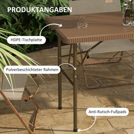 Folding camping table for 4 – Rattan look, brown HDPE