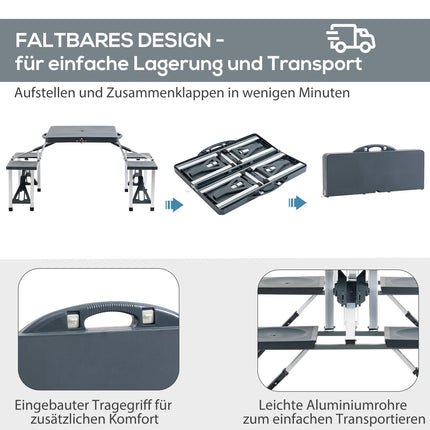 Camping table set in aluminum with 4 folding seats