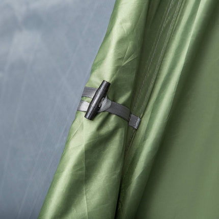 Two-person camping tent with fiberglass poles, dark green