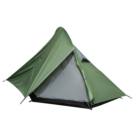 Two-person camping tent with fiberglass poles, dark green