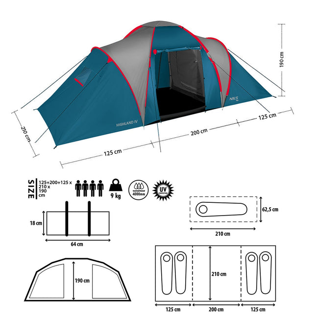 Kampeertent, blauw/lichtgrijs, 4-persoons