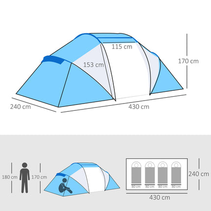 Camping tunnel tent for 4-6 people, 2 cabins, blue