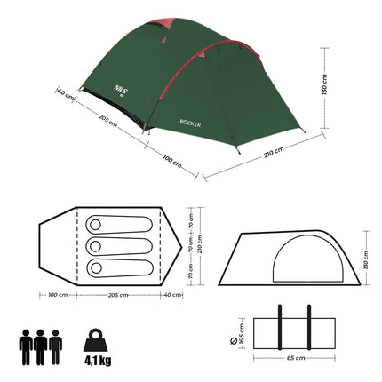 Camping Tent, Green-Red, 2-Person, Lightweight