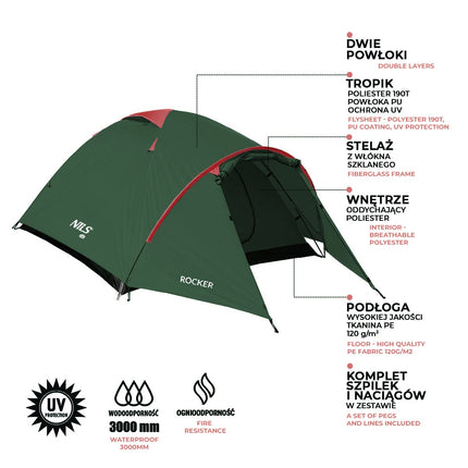 Camping Tent, Green-Red, 2-Person, Lightweight