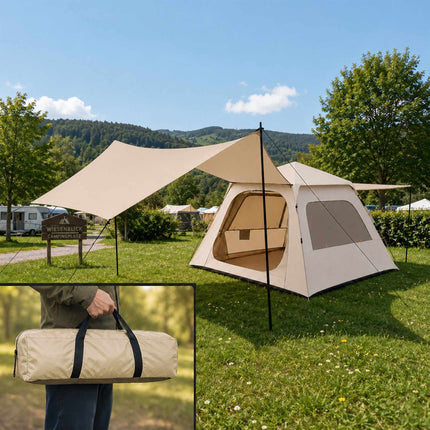 Camping Tent for 3–4 People with Awning, UV Protection