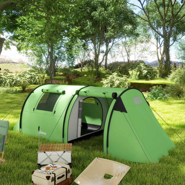 Camping Tent for 4, Waterproof, 2-Room, Dark Green
