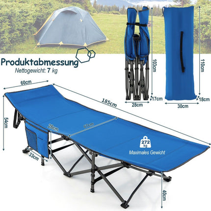 Camping bed, durable travel bed with headrest, 190 x 70 x 54 cm, blue