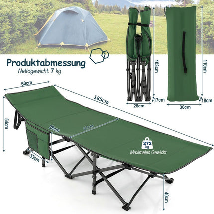 Camping bed durable travel bed with headrest 190 x 70 x 54 cm green