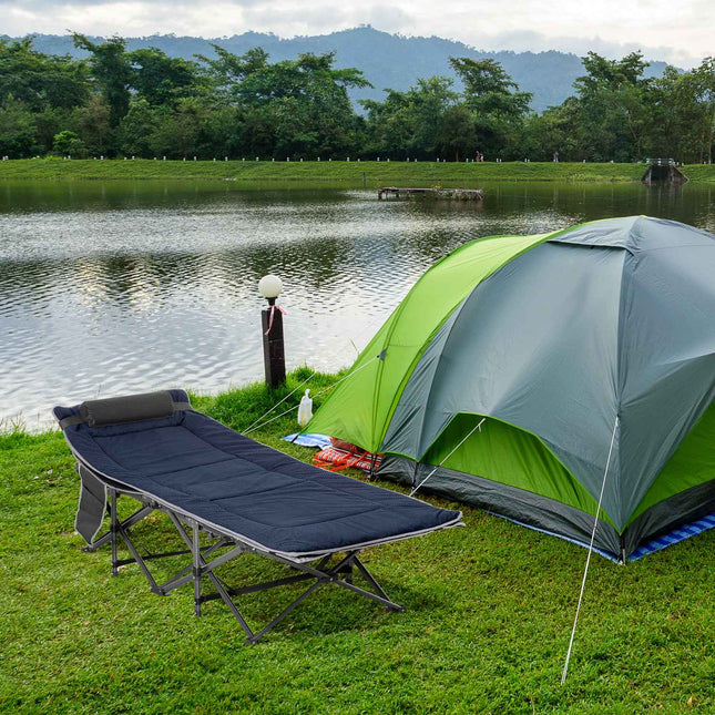 Portable folding camping bed with pillow and side pocket