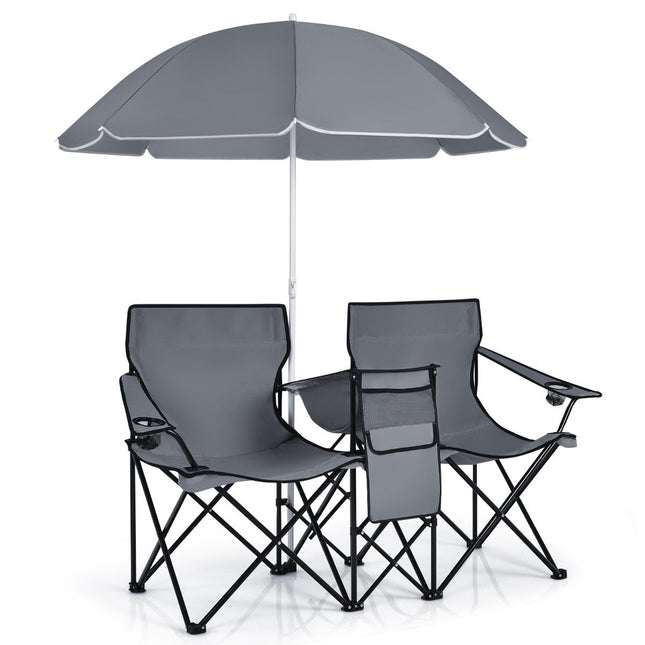 Camping chair with parasol double folding chair with cup holder cool bag gray