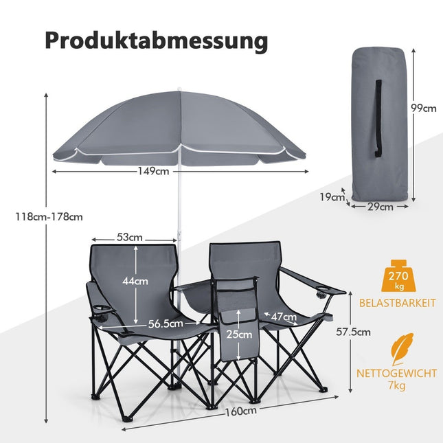 Camping chair with parasol double folding chair with cup holder cool bag gray