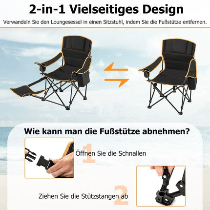 Camping chair with removable footrest & drink holder & cooler bag. Folding fishing chair