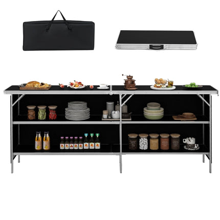 Camping cupboard foldable portable camping kitchen with 2 tier shelves 206 x 38 x 83 cm black