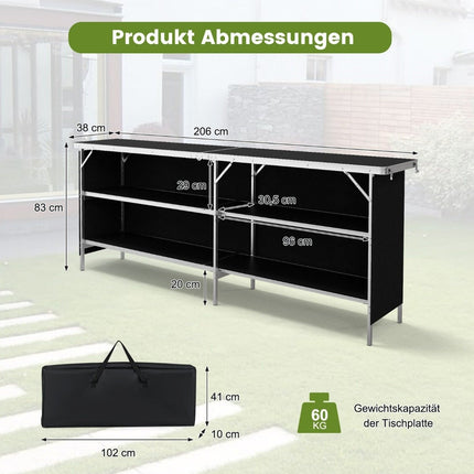 Camping cupboard foldable portable camping kitchen with 2 tier shelves 206 x 38 x 83 cm black
