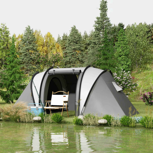 Kampeertent voor 4-5 personen, lichtgewicht, waterafstotende familietent met 3 kamer zijdeurramen, tent met 3000 mm waterkolom, tunneltent, koepeltent voor kamperen, reizen, tuin