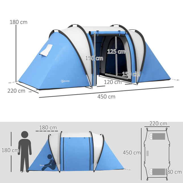 Kampeertent voor 4-5 personen, lichtgewicht, waterafstotende familietent met 3 kamer zijdeurramen, tent met 3000 mm waterkolom, tunneltent, koepeltent voor kamperen, reizen, tuin Aosom