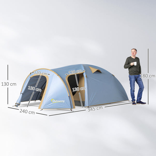 Camping tent for 4 people, waterproof tunnel tent with 2 doors and hooks, packing bag, 3.45 x 2.4 x 1.3 m, light blue