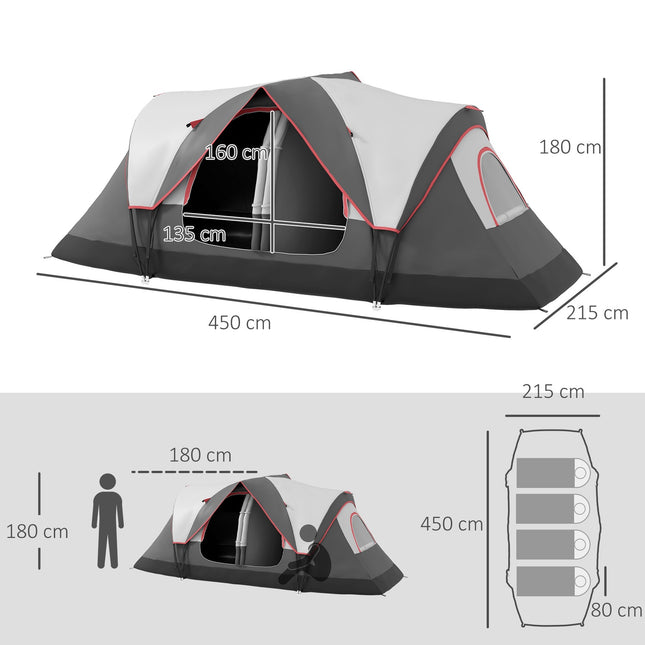 Tunnel camping tent for 8 people - windproof, 2 rooms, gray