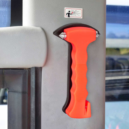 Car with emergency hammer and seat belt cutter