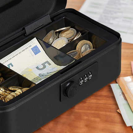 Cash Box with Combination Lock, Steel, 5-Compartment Tray