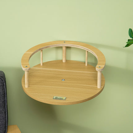 Wall-hung cat bed with cushion, oak & cream