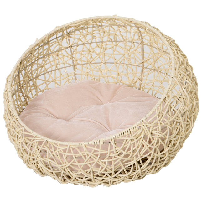 Rattan Cat Cave Bed - Cozy beige with pillow, 56x35Cm