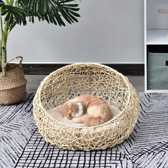 Rattan Cat Cave Bed - Cozy beige with pillow, 56x35Cm